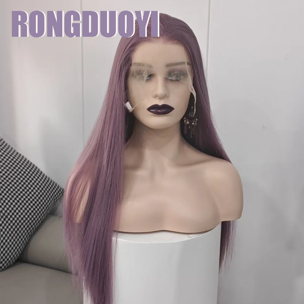 RONGDUOYI Ash Purple Straight Hair Synthetic Wig Silk Natural Straight Glueless Lace Front Wigs for Women Cosplay Makeup Use