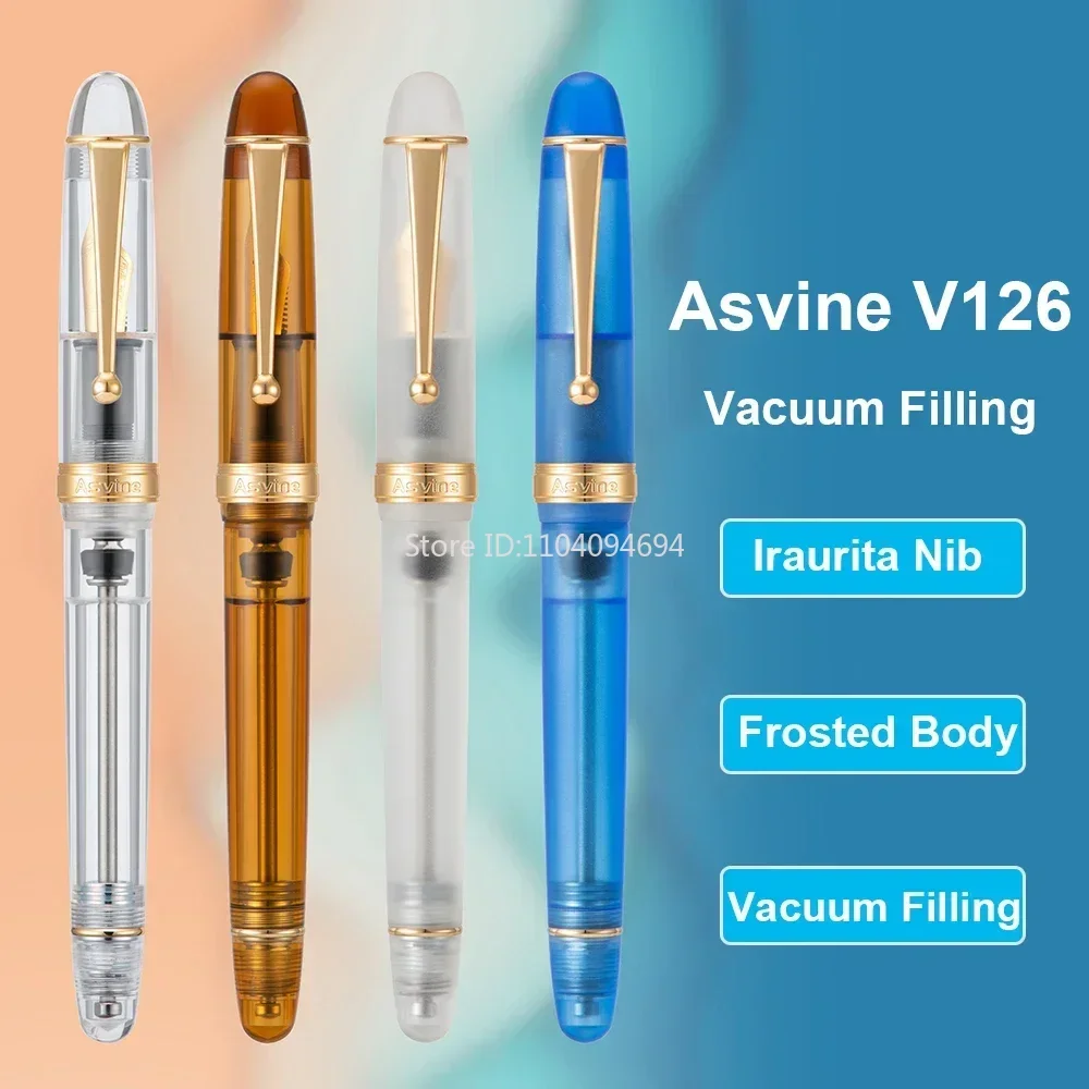 Hot Asvine V126 Vacuum Filling Fountain Pen EF/F/M Nib, Beautiful Transparent Brown/ Matte Blue, White Acrylic Writing Gift Set