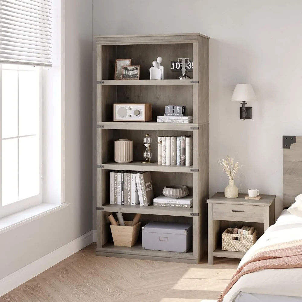 Farmhouse-Style 5-Tier Wooden Bookshelf with Open Storage Display, 67.4 Inches Tall