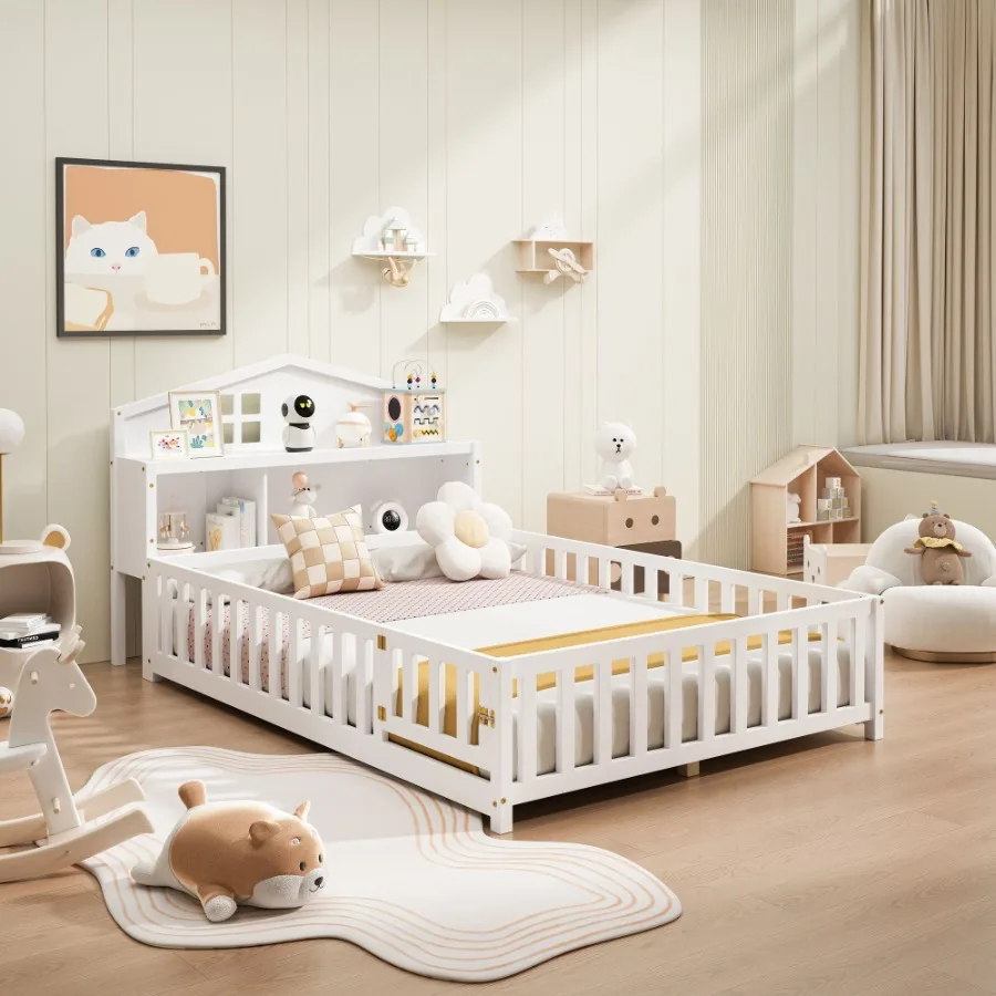 

Fullsize Montessori Floor Bed with Bookcases and Blackboards Versatile Platform Beds with Guard rails Solid Wood Floor Beds wit