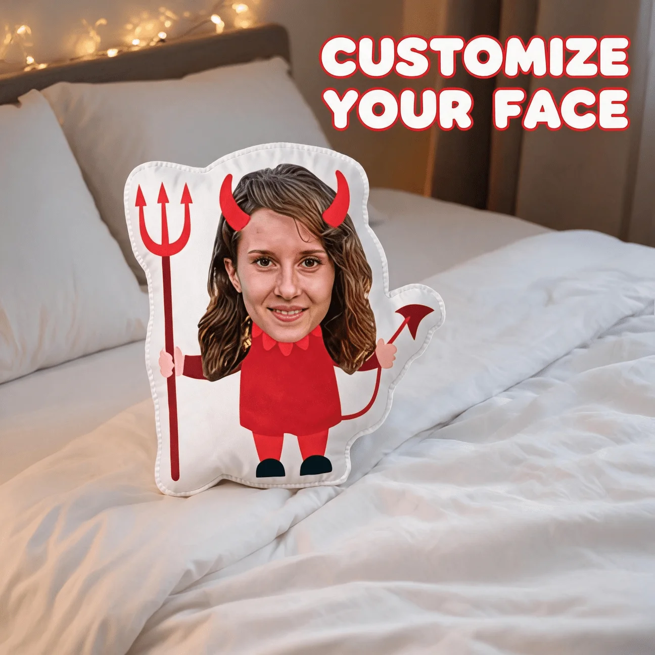 Custom Funny Devil Face Shaped Pillow, Personalized Photo Decorative Cushion with Red Horns & Pitchfork, Unique Home Decor Accen
