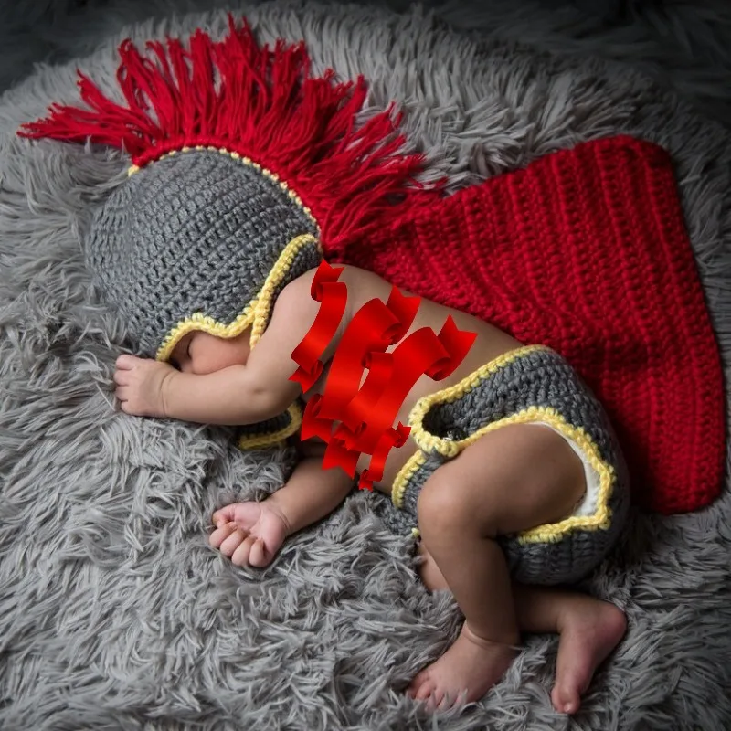 5Pcs/Set Newborn Photography Props Spartan Gladiator Costume Handmade Knit Baby Boy Photo Shoot Outfit Roman Warrior Suits