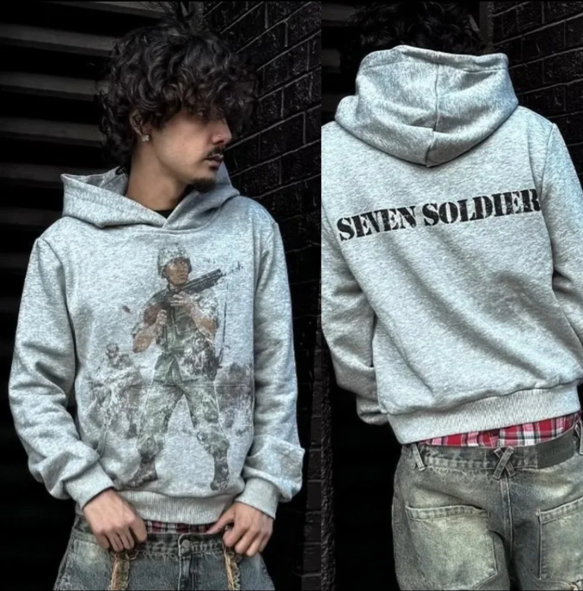 Europeu e americano outono e inverno esportes com capuz pulôver retro impressão fotos homens e mulheres mesmo cinza solto hoodie