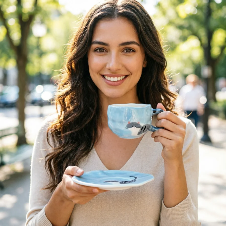 Ceramic Cartoon Cat Mug with Saucer Cute Cat Pattern Coffee Teacup for Cats Lovers Home Garden Decor