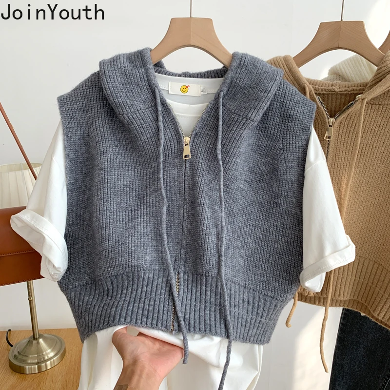 Joinyouth Fashion Hooded Sweater Vest Women Casual Knit Cropped Tops Zipper Coat Korean Sleeveless Waistcoat Chalecos Para Mujer