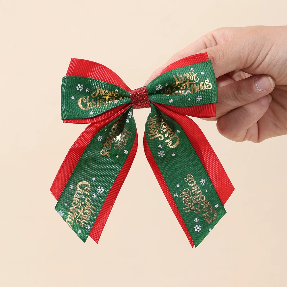 عيد ميلاد سعيد القوس مقاطع الشعر للفتيات طبقة مزدوجة الشريط Bowknot دبابيس الشعر الذهب الغزلان طباعة مشبك الأطفال إكسسوارات الشعر #5