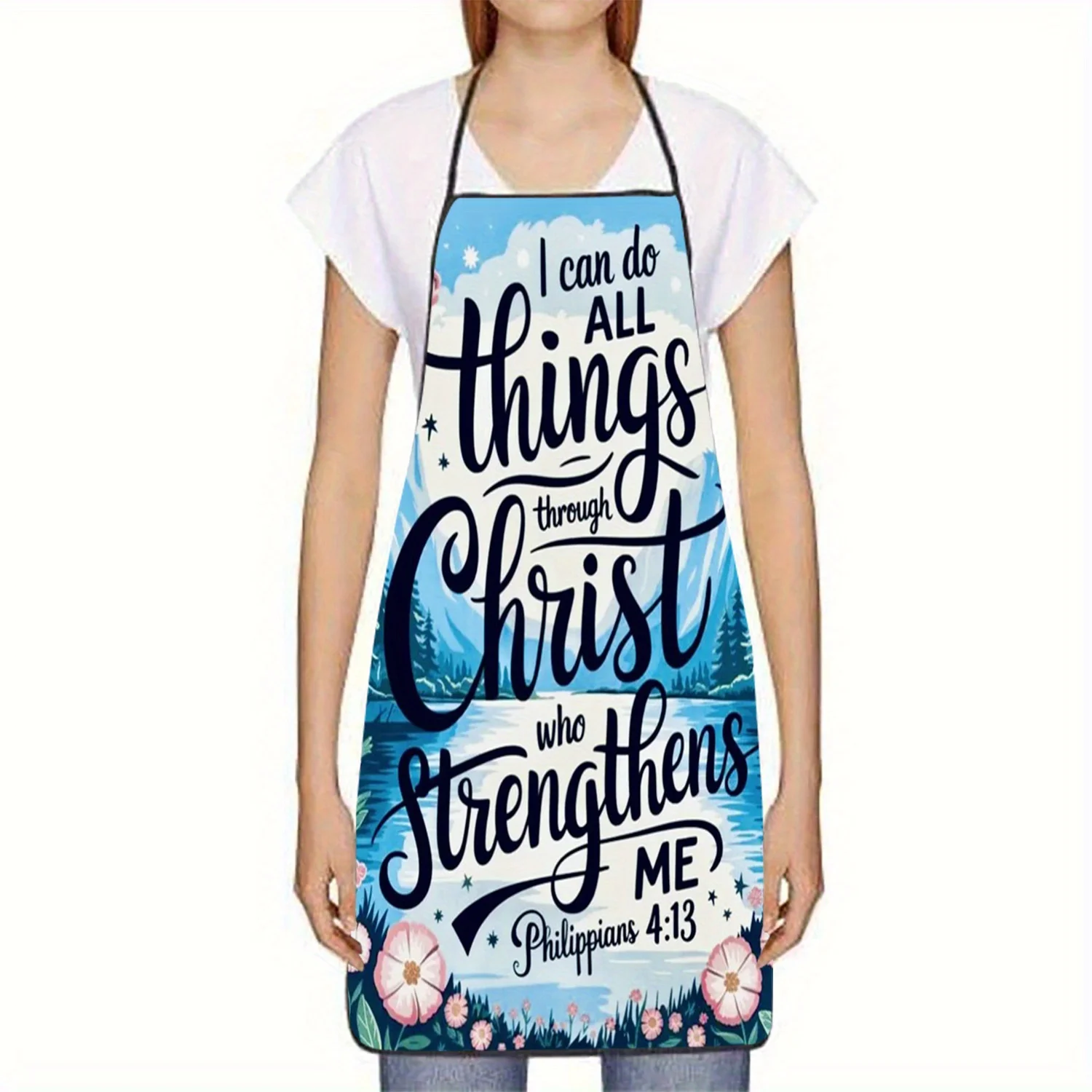 1pc Christian Apron with Philippians 4:13 Bible Verse Floral Starry Night Design, Sleeveless Polyester Kitchen Apron for Baking