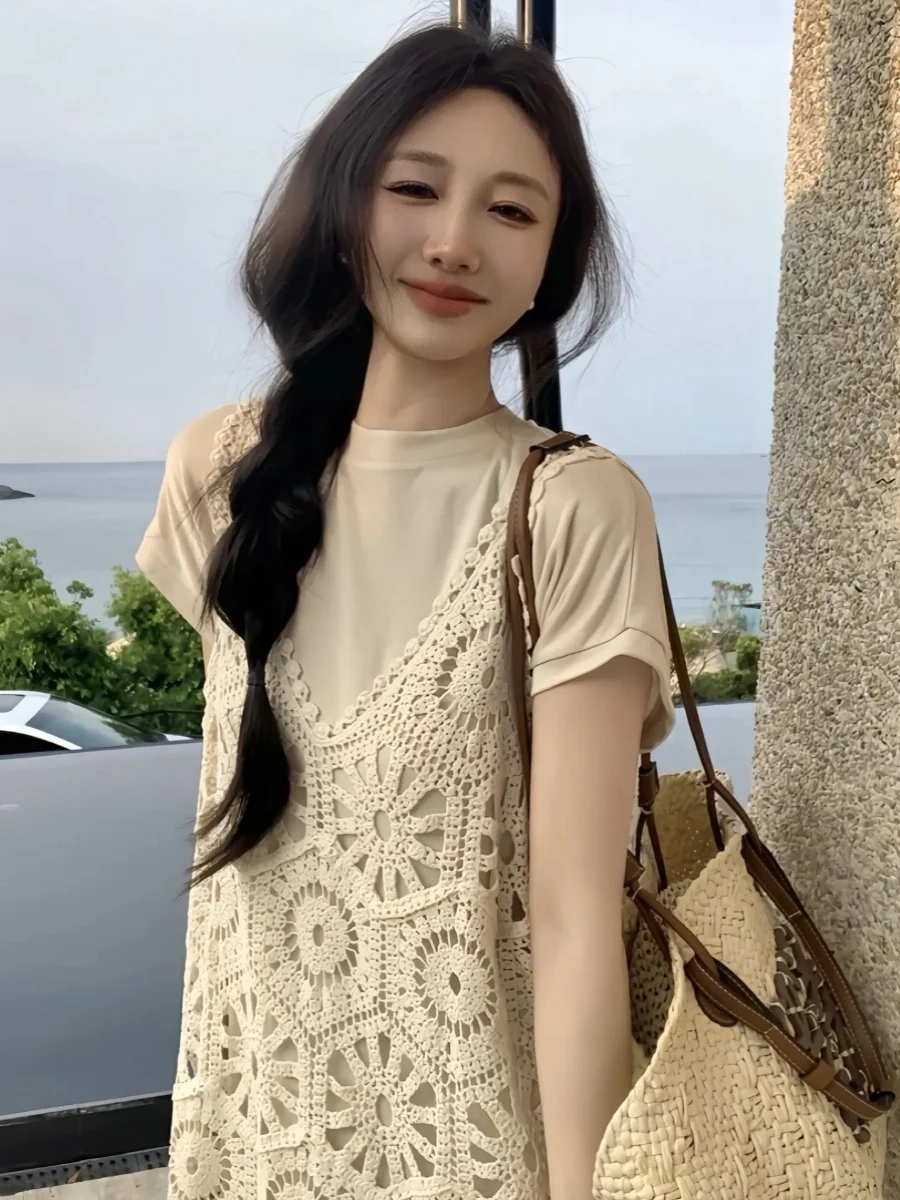 

Модный женский летний комплект 2024 года: новая тяжелая вышивка, ажурный дизайн, комплект из двух предметов для студенток