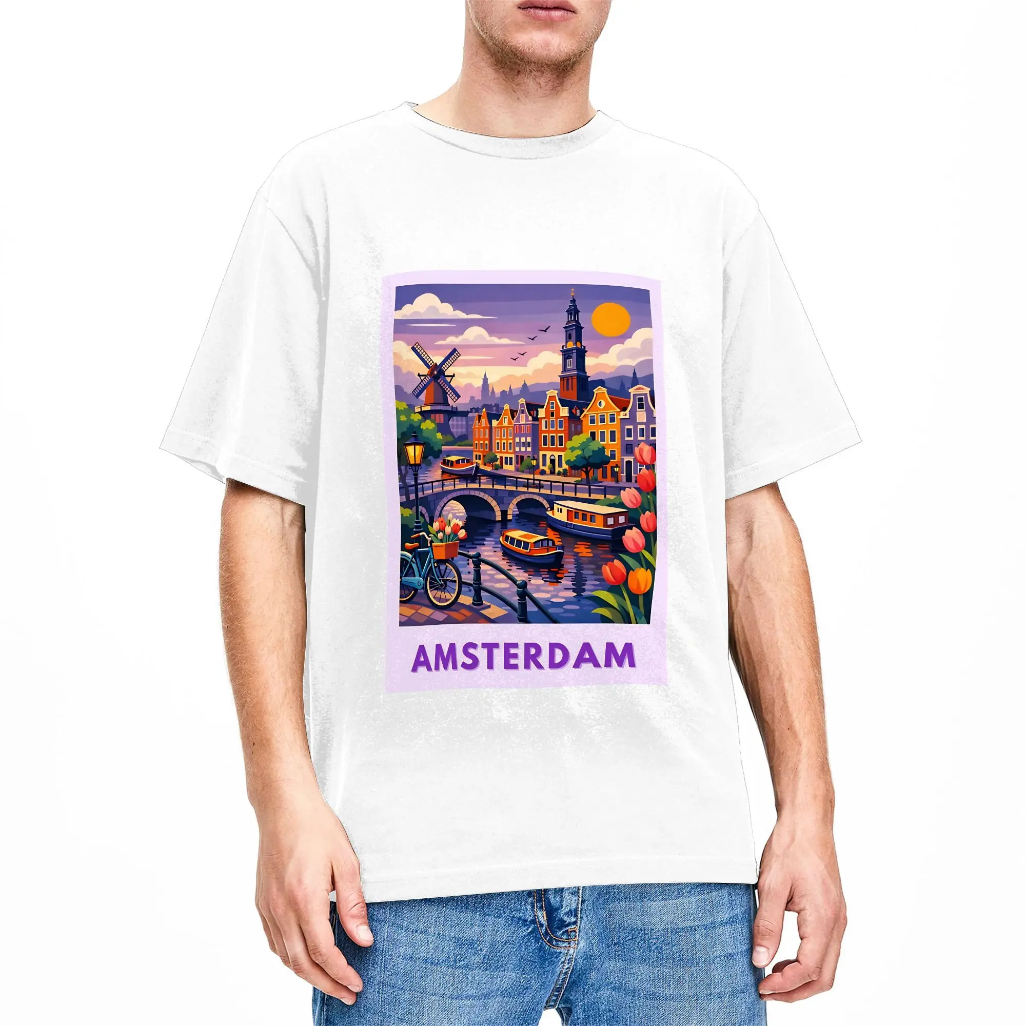 Amsterdam at Sunset Postcard T Shirts Men's  Cotton Leisure T-Shirts Round Neck  Tees Short Sleeve Clothing Birthday Present