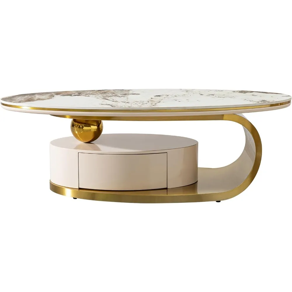 طاولة قهوة رخامية بيضاوية، طاولة غرفة معيشة ذهبية حديثة مع درجين، سطح حجري متكلس مقاس 51 بوصة وقاعدة من الفولاذ المقاوم للصدأ باللون الذهبي غير اللامع