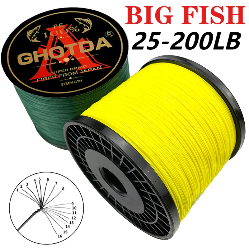 GHOTDA 16 Strands PE Braided Fishing Line 25-200LB Big Fish Strong Abrasion Resistance Multifilament PE Wire for Salt/Freshwater