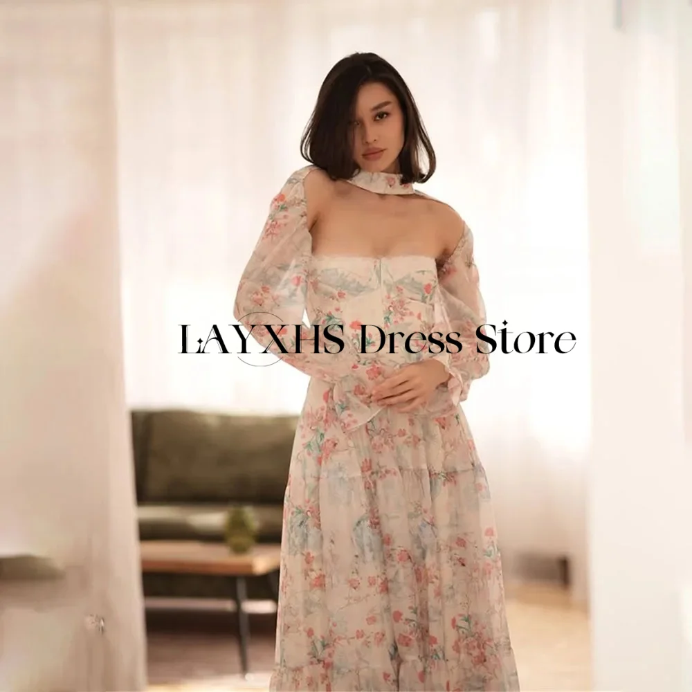 

Simple Flower Printed Weddings Dresses A-Line Detachable Sleeve Strapless Evening Party Dress Summer Customized Vestido de noche