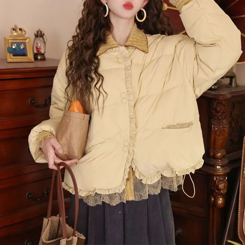 

Thickened Warm Loose And Slimming Cotton-padded Jacket For Women In Winter With A Round Neck Lace And Single-breasted Buttons