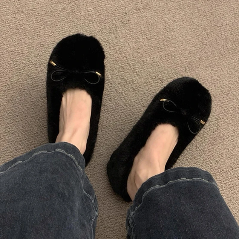 الفراء النساء أحذية قطنية القوس الدافئة الشقق أحذية مريحة الشتاء موضة أحذية الثلوج الضحلة 2025 جديد فستان قصير أفخم بوتاس دي Mujer #2