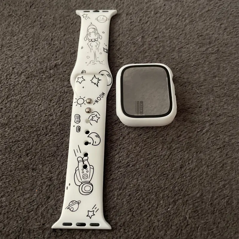 漫画のプリントが施されたシリコンブレスレット,Apple Watch用ストラップ44mm 40mm 38mm 42mm 41 45mm,iwatch 8 7 6 se 5 4 3 Ultra 49mm