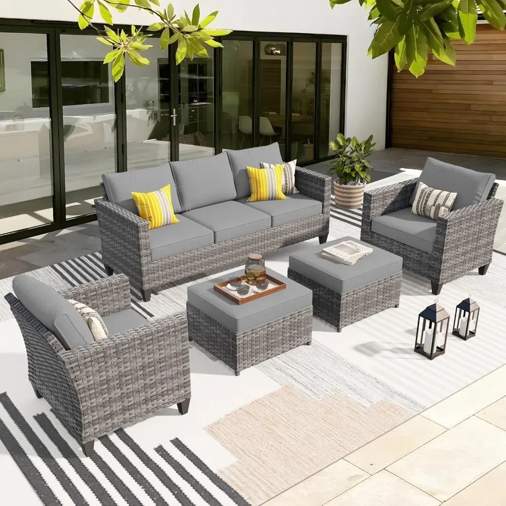 

5 Pieces Outdoor Wicker Rattan Sofa Couch with Chairs, Ottomans and Comfy Cushions, All Weather High Back Conversation Set