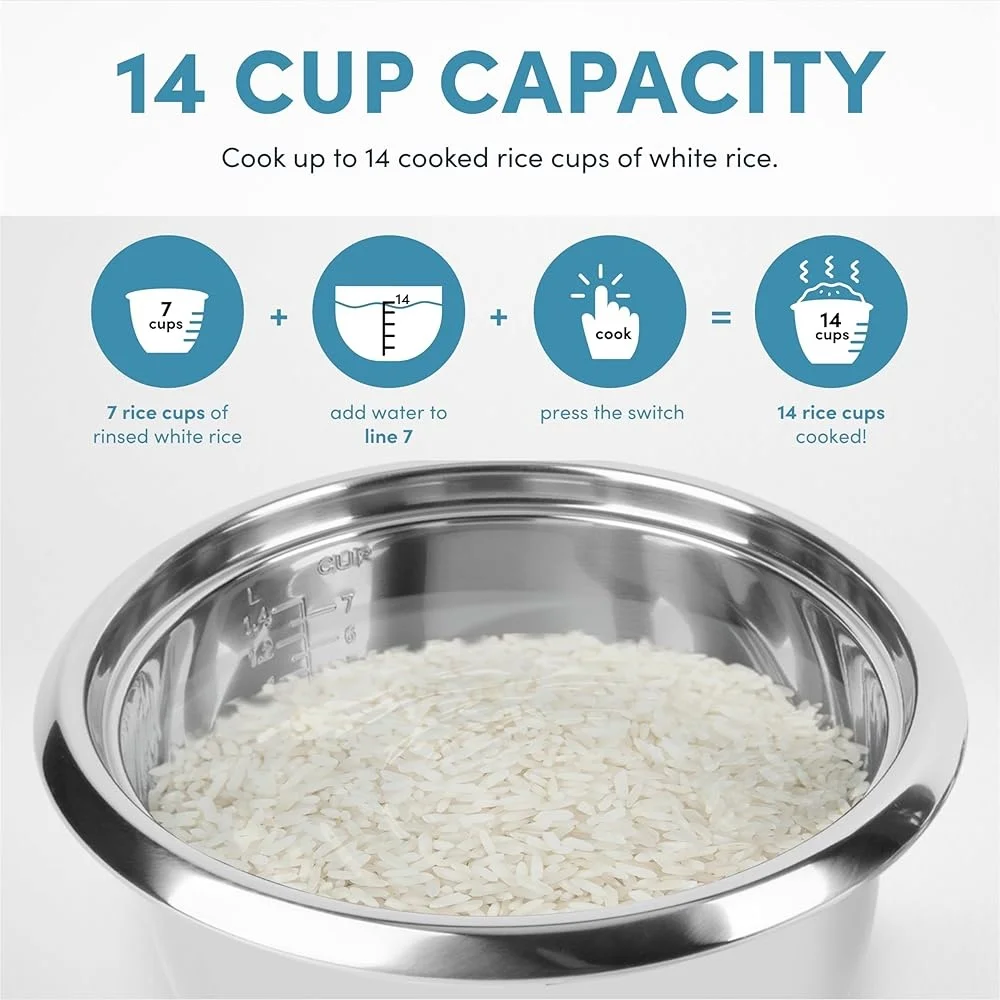 وعاء طبخ الأرز سعة 14 كوبًا وبخاريًا للطعام، طباخ كهربائي يعمل بلمسة واحدة مع كوب قياس صينية بخار من الفولاذ المقاوم للصدأ