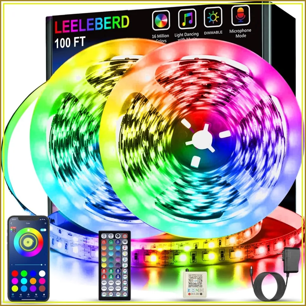 Music Sync RGB LED Strip Lights 100ft (2x50ft) with Remote & App Control, 16M Colors for Room, Party, Home Decor
