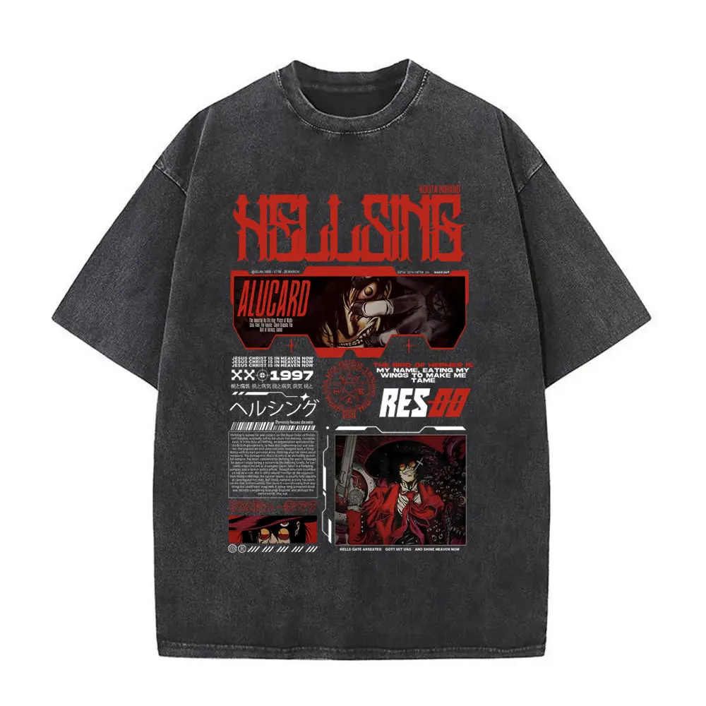 Washed Vintage Anime Hellsing Abraham Van Helsing Alucard Graphic T Shirts Men's Manga Fashion Oversized T-shirt Vampire T Shirt