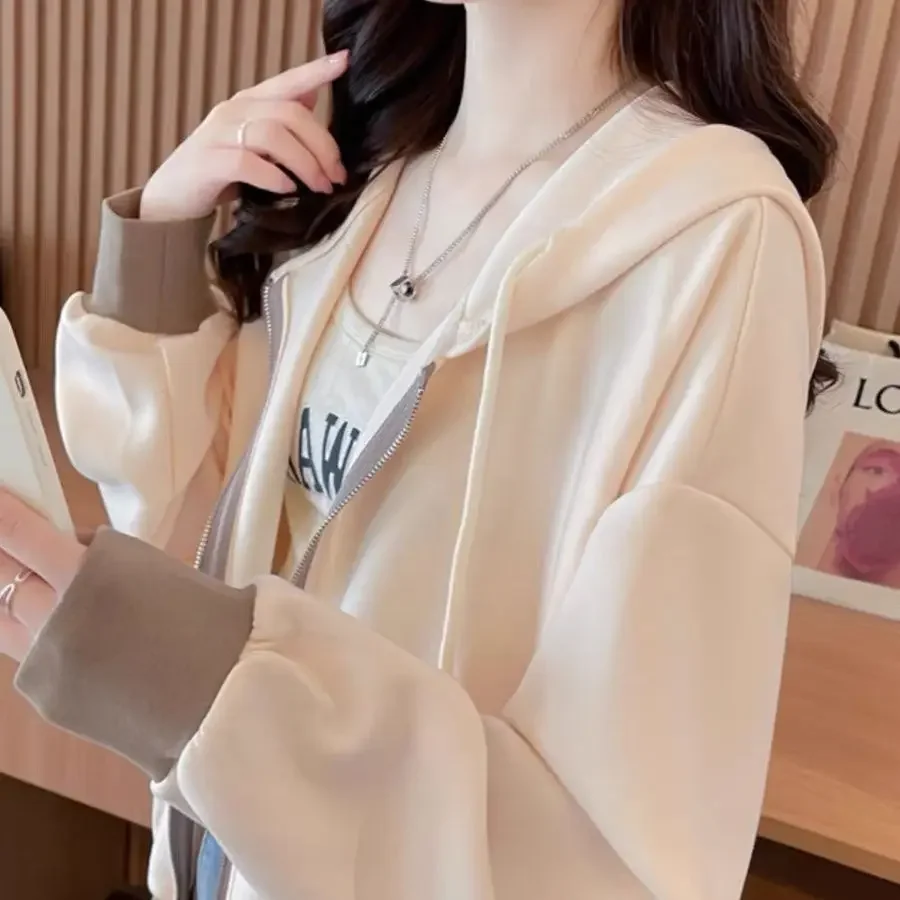 European Style New Solid Color Hooded Retro Color Blocking Hoodie Women Ins Spring and Autumn Zippered Casual Short Jacket Top