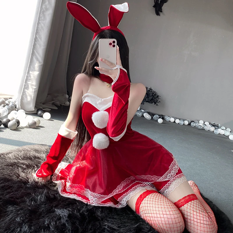 

Christmas Sexy Plush Bunny Girl Uniform Cosplay New Year Velvet Red Dress Kawaii Santa Party Performance Dance Party Outfits