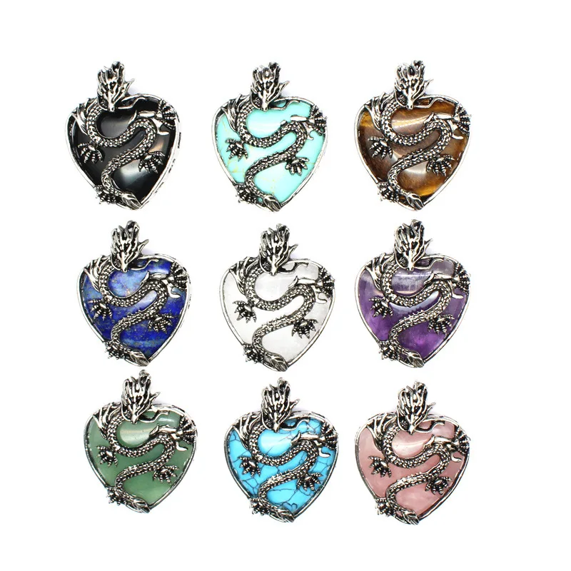 Dragon Necklace natural stone Heart Pendant Jewelry Gifts for Women Men Dragon Pendant Love Shaped Locket Pendant Necklace 1pc