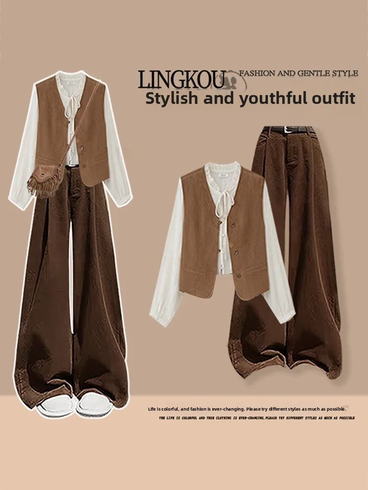 plus Size Spring Summer Vintage Three-Piece Set Women's High Waist Wide Leg Casual Pants Vest And Shirt Slimming Effect