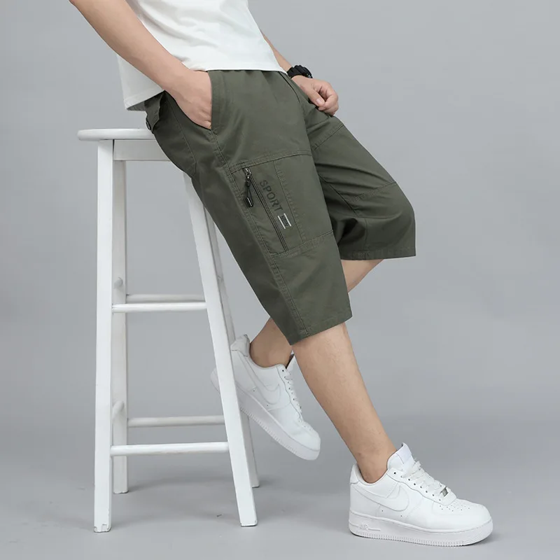 

Vintage Men's Short Summer Multiple Pockets Plus Size Elastic Waist Work Loose Army Green Cargo Male Casual Shorts Male Pants