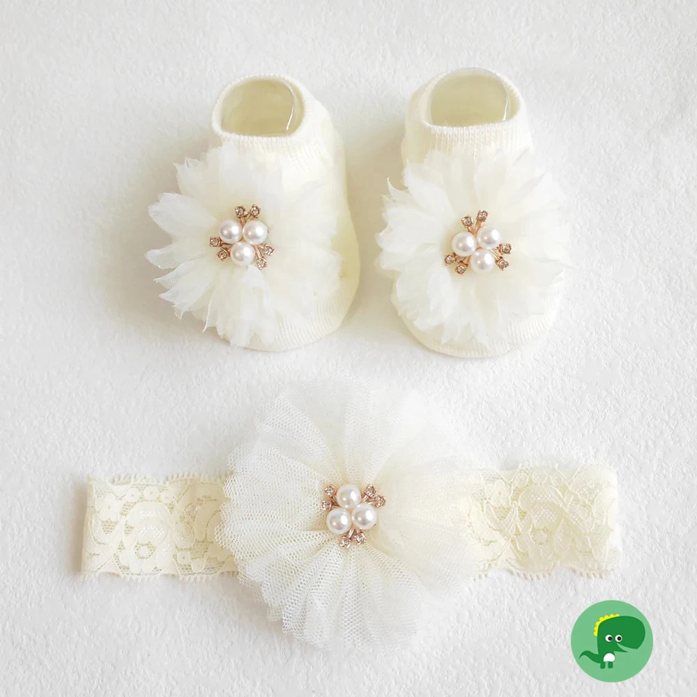 Lovely Pearl Bows Baby Headband Socks Set Non Slip Cotton Sock Lace Flower Newborn Hair Band Turban Girl Hair Accessories