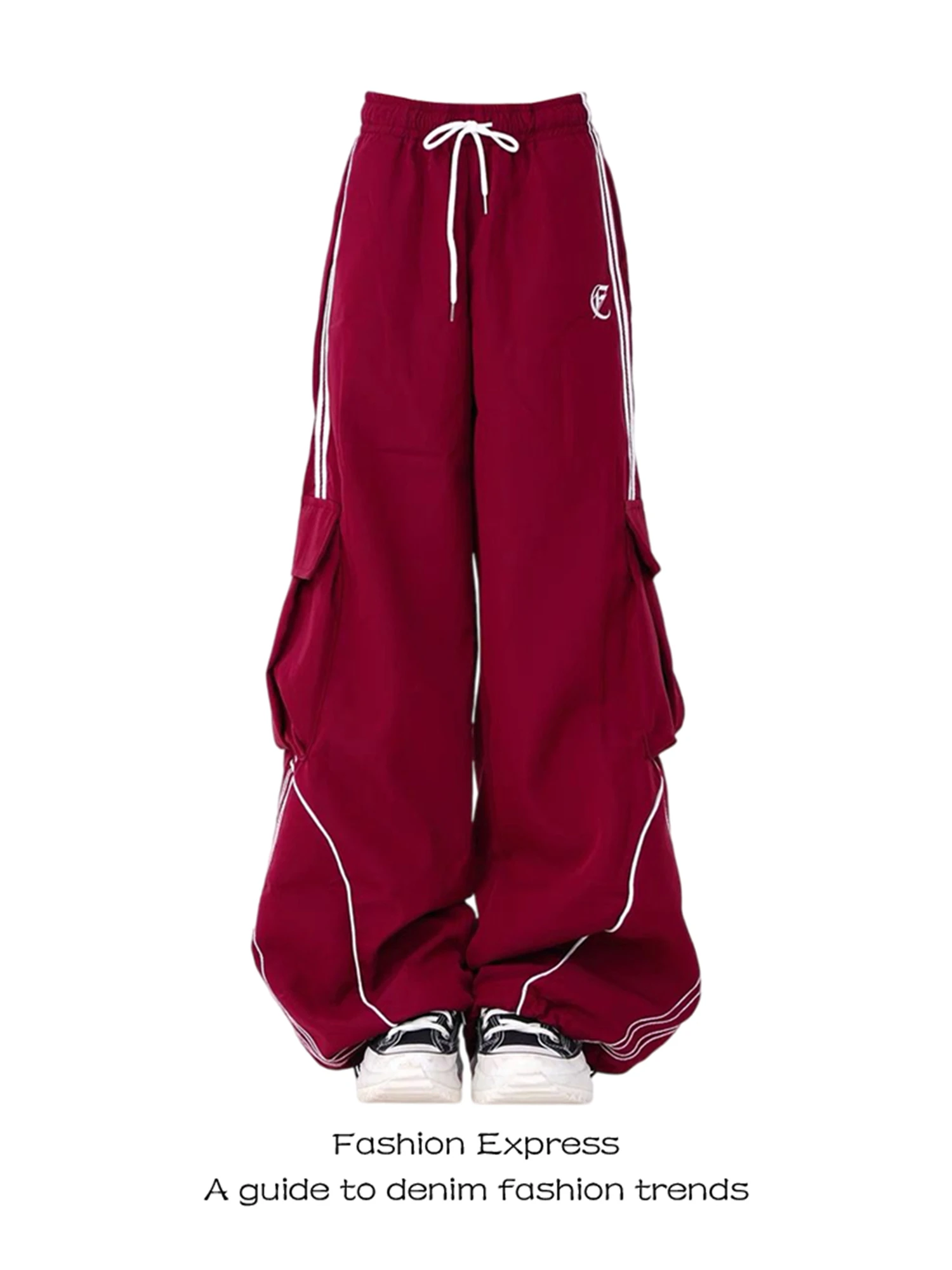 

Y2K Women's Wide Leg Cargo Pants 2025 New Fashion Drawstring Waist Side Stripes Multiple Pockets Casual Streetwear Trousers