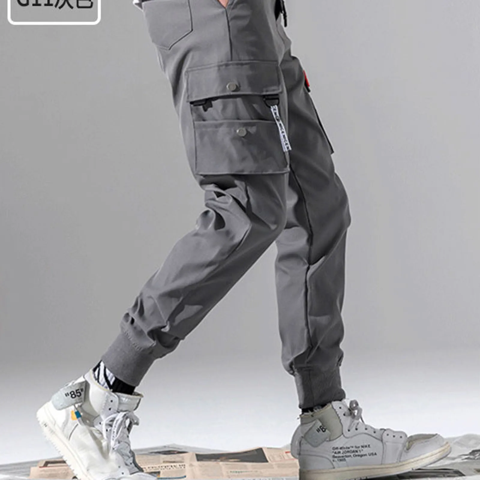 

Men Cargo Pants Mid-Rise Elastic Waistband Drawstring Multi Pockets Solid Color Casual Soft Male Sweatpants