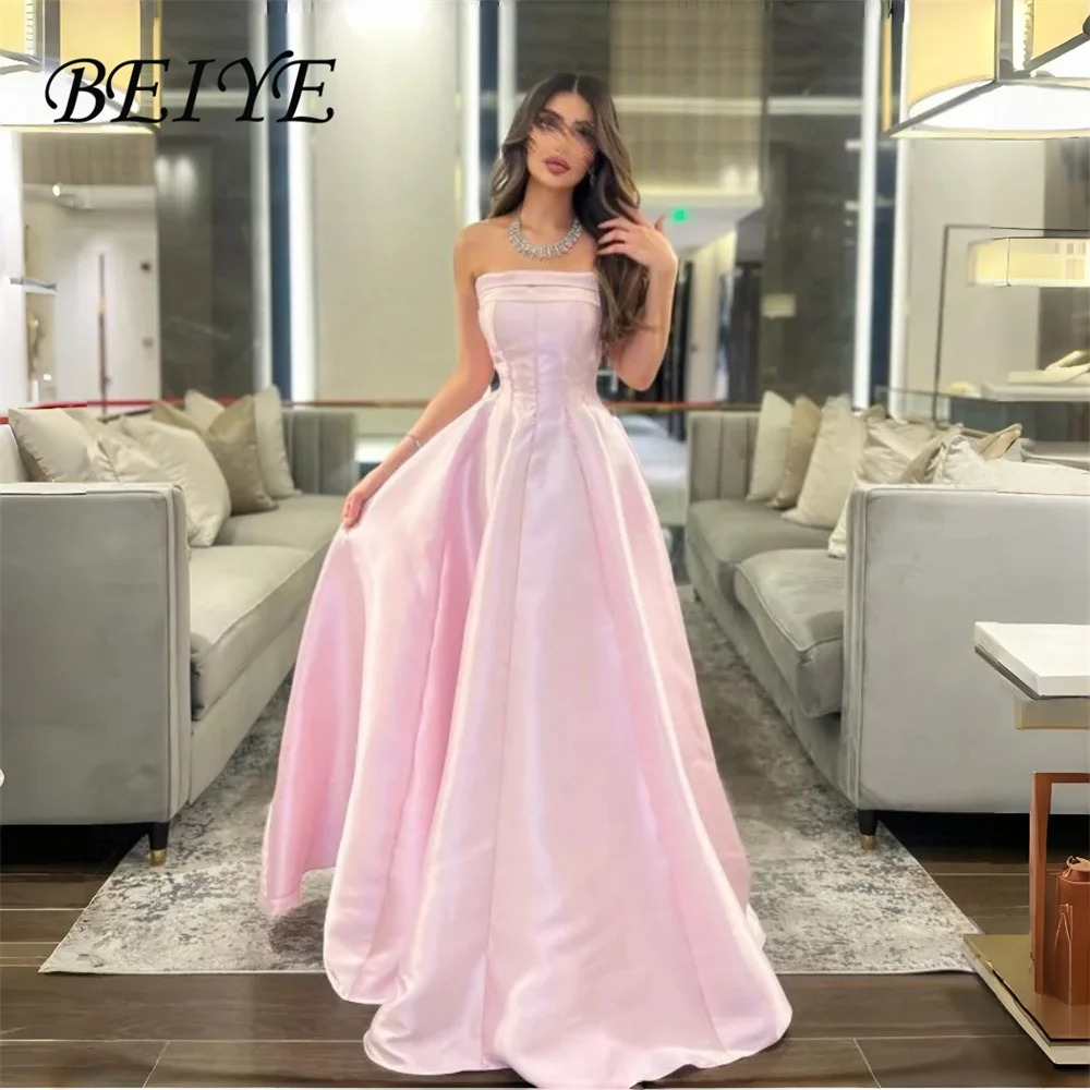 

Вечернее платье BEIYE Princess Pink Satin Beading A-Line, без бретелек, с плиссировкой, для выпускного вечера, на заказ