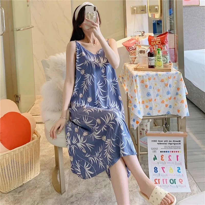 Classic Suspender Nightdress Women Summer Thin Sexy Artificial Cotton Silk Nightgowns Female Japanese Style Pajamas Loungewear