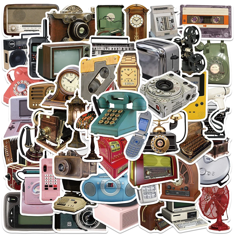 50pcs Retro Electronic Devices Camera Phone Clock Stickers Vintage Graffiti Decals For Laptop Skateboard Computer Phone Stickers