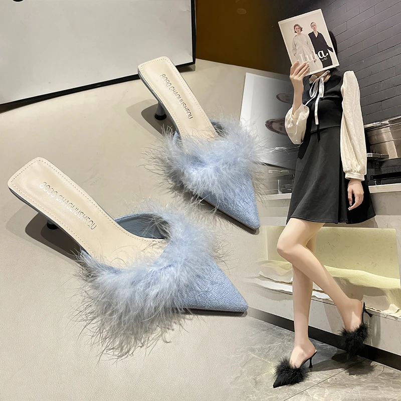 2025 nuevos zapatos de mujer, calzado de verano, zapatillas, Sandalias de tacón alto, chanclas peludas de marca de lujo, zapatos elegantes para mujer, nuevos zapatos sexis