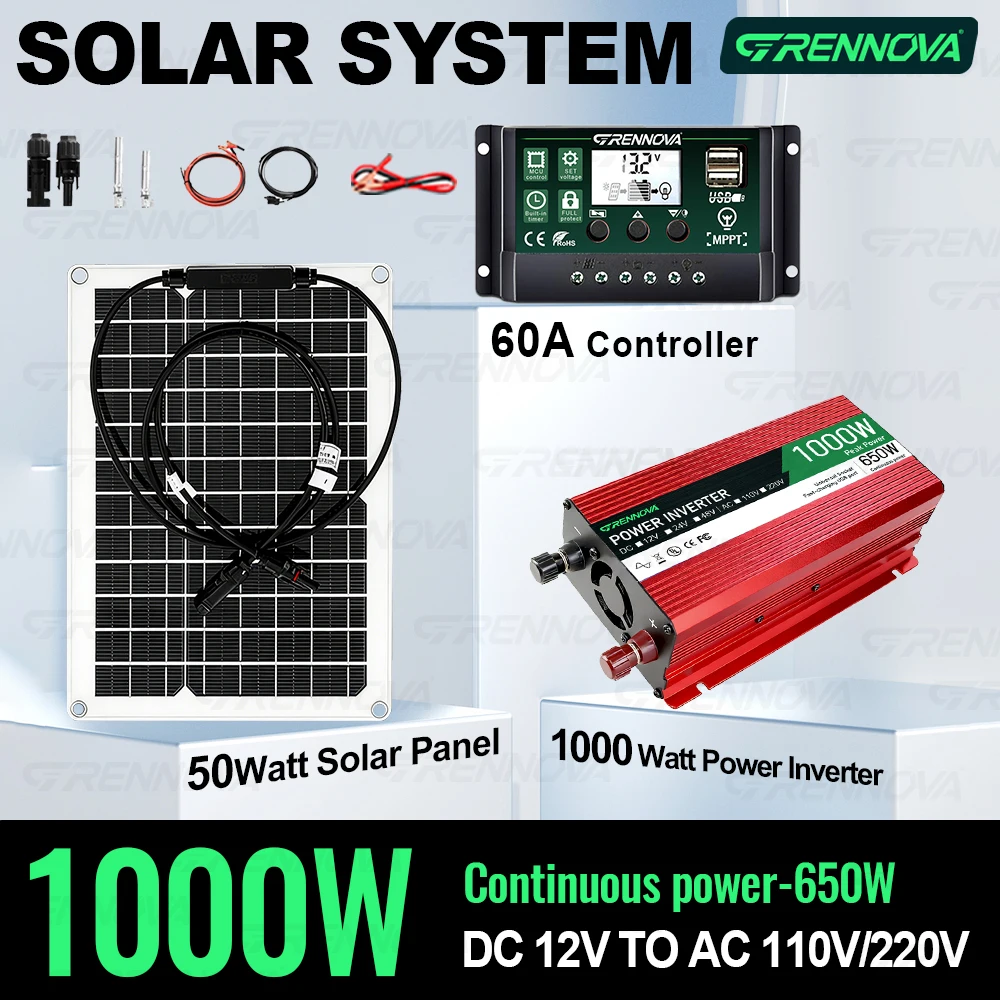Portable Power 1000W Peak Solar Power System Kit (50W Solar Panel + 60A Controller + Inverter) DC12V to AC110V/220V Off Grid Car