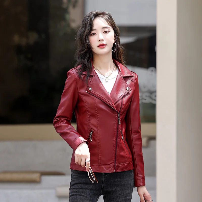 New Women Classic Leather Coat Spring Autumn 2025 Fashion Suit Collar Slim Short Sheepskin Outerwear Biker Leather Jacket Female