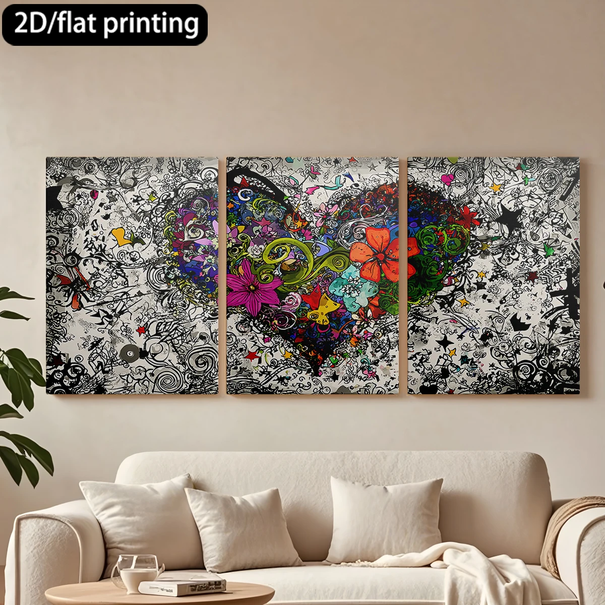 

2D плоская печать, 3-х частная картина на холсте в деревянной раме, декоративная живопись в форме сердца, украшенная цветами.