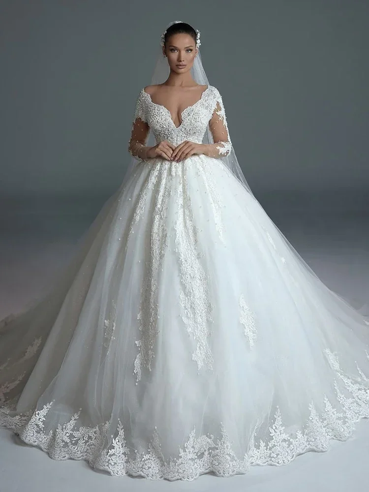 Vinca Sunny Abiti da sposa personalizzati Organza Ricamo Pizzo Perle Principessa Rochii Mireasa Manica intera Robe De Mariee