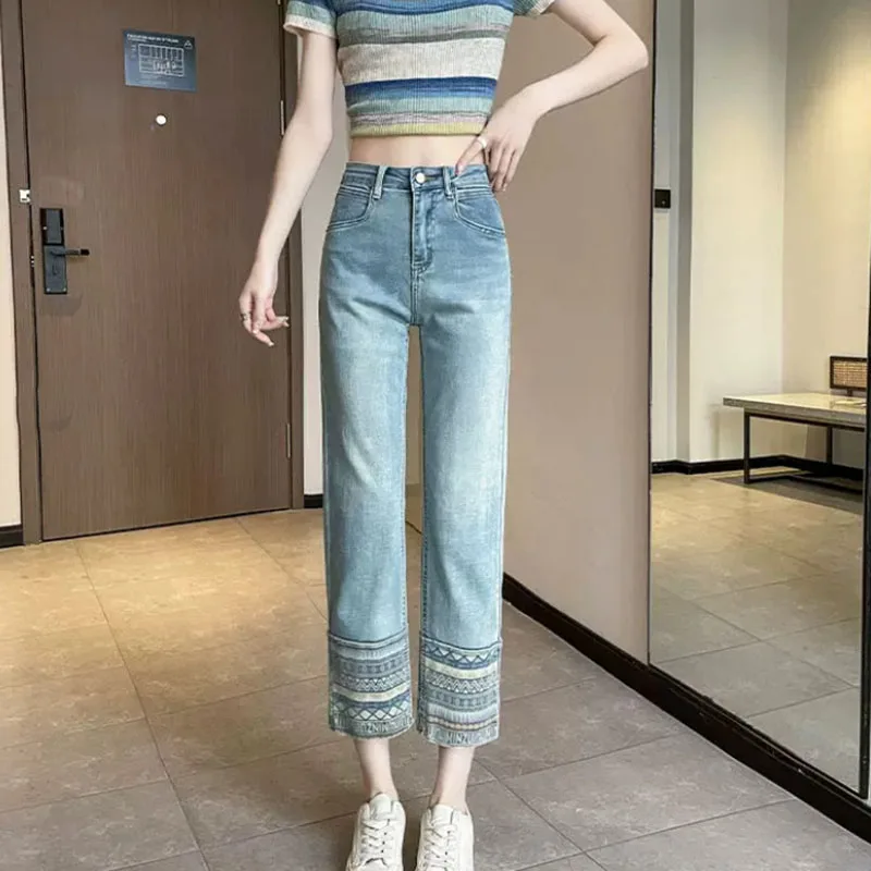 

Универсальные светло-голубые джинсы, повседневные облегающие брюки прямого кроя, модные рабочие джинсовые брюки для женщин