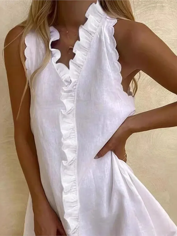 New Women Casual Cotton And Linen White Dress Summer V Neck Ruffles Sleeveless Elegant Boho Beach Party Mini Dresses Female Robe