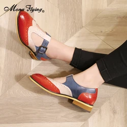 Mona Flying Women's Mary Jane Comfortable Genuine Leather Flats Shoes Handmade Vingtage Buckle T Strap Shoes For Ladies L092-1