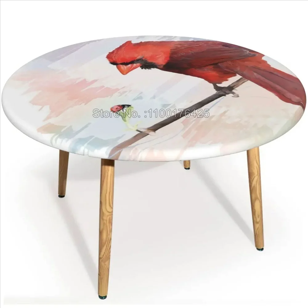 Round Tablecloth Red Cardinal Bird&Cherry Blossom Print Waterproof Washable Table Cover for Dining Room Kitchen Party Home Decor
