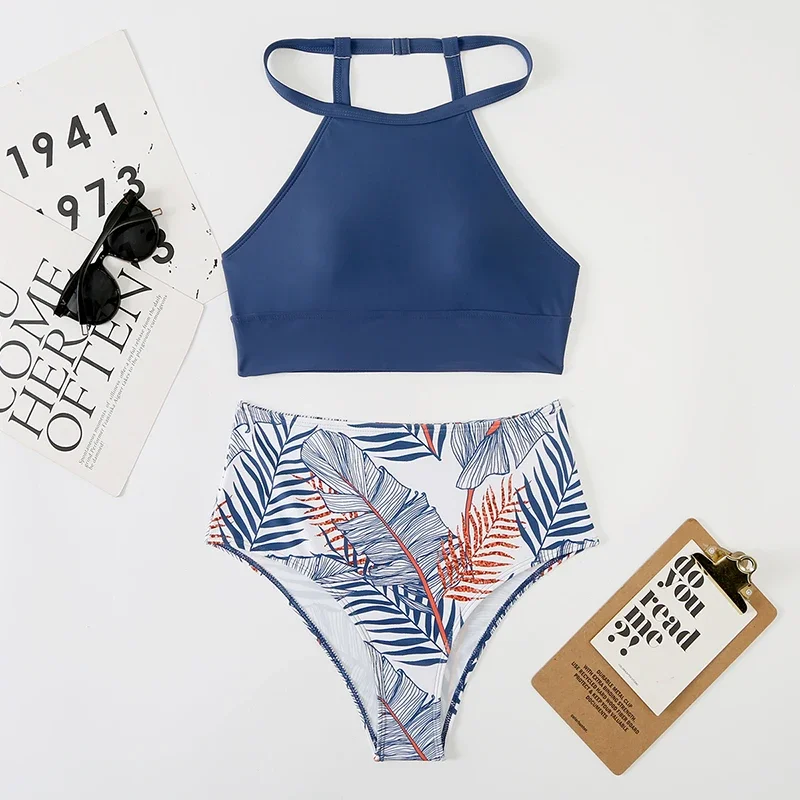 

2024 High Waist Bikini Women High Neck Swimsuit Printed Swimwear Female Padded Beachwear Bathers Bathing Swimming Swim Suit Pool
