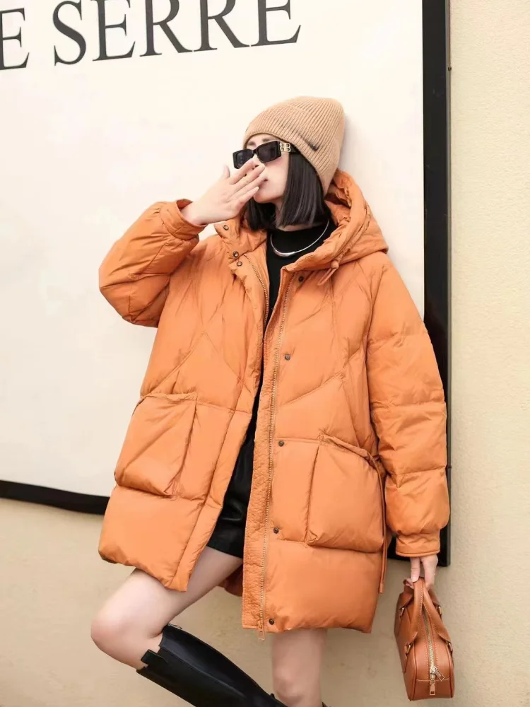 Women\'s Winter Duck Coat, Puffer Jacket, Monochromatic, Simple Outerwears, Thickened, Warm, Snow, Female, New, 2024