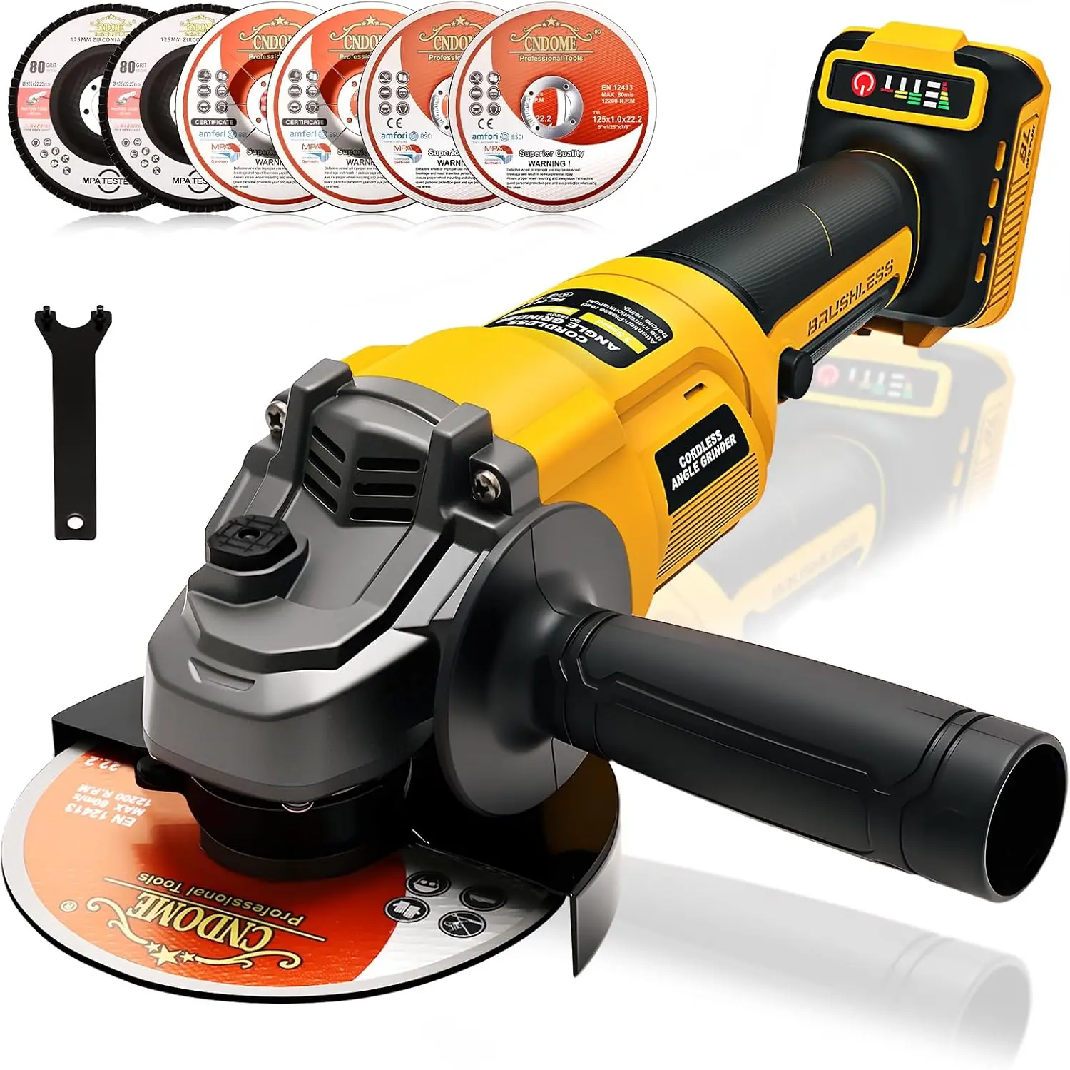 

4-1/2" Cordless Brushless Angle Grinder, 8500RPM Variable Speed, with Auxiliary Handle & Discs Kit (Battery Not Included)