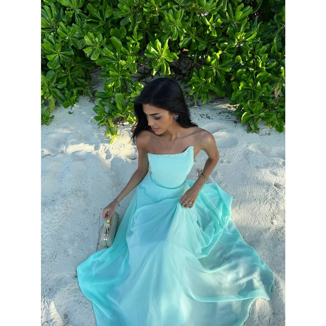 Customized Evening Dresses for Special Occasions Line A Luxury Elegant Party Dresses for Wedding Woman Sky Blue Sleeveless Dress