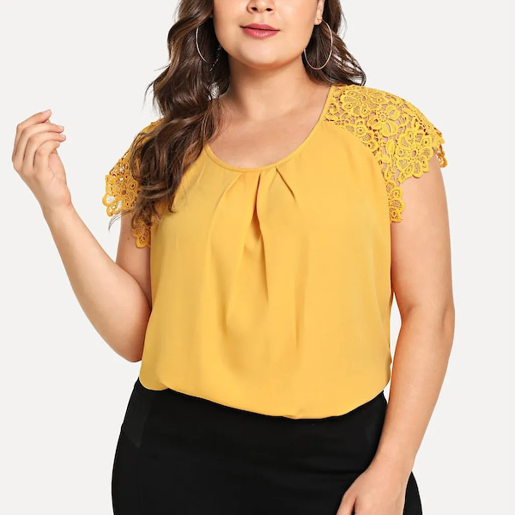 Plus Size Women Lace Blouse Top Summer Short Sleeve Sexy Yellow Elegant Blouse 2022 Female Lady Workout Clothing