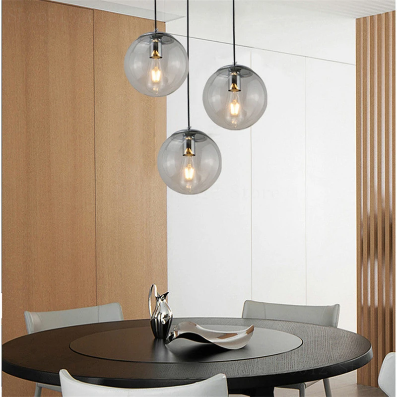 Lámpara colgante de cristal gris ahumado para comedor, iluminación de decoración de dormitorio, bola de cristal, E27