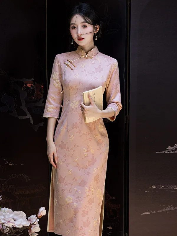 

Pink Chinese Sle Long Sve Qipao Dr Vintage Reformed Young Women's Fitting Waist Cinched Mid-Length Floral Patterned